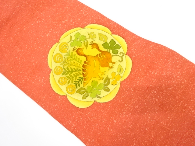 節紬　手描き　絵皿に花鳥模様　名古屋帯